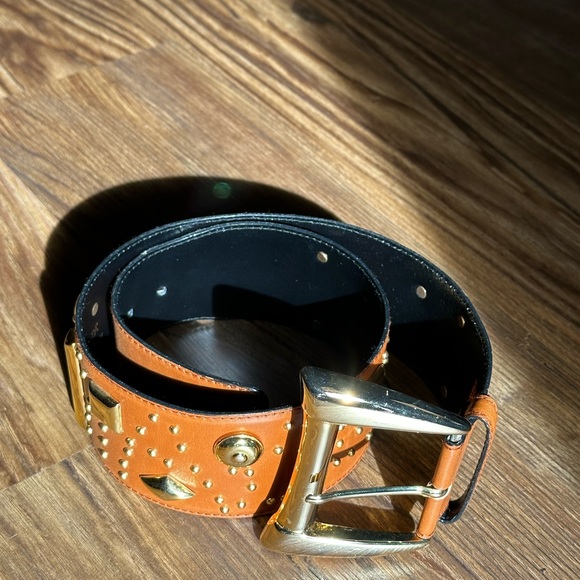 Escada Accessories - Escada Vintage 1980s Studded Leather Belt Western Germany Gold Buckle Size 36